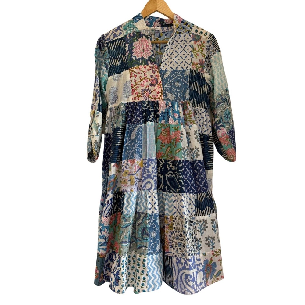 Boho Patchwork Cotton Tiered Dress XS/S Blue Pink Floral Block Print India Mini